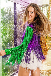 Purple/Mustard/Green Mardi Gras Fringe Detailed Sequins Crop Top