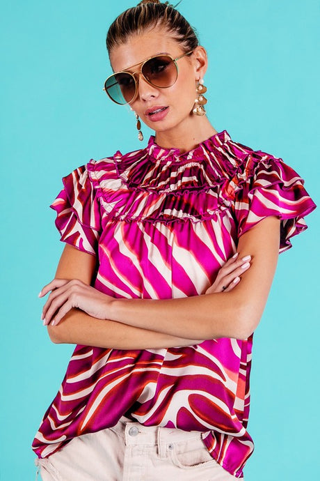 Fuchsia Multi Tiered Ruffle Neck Zebra Pattern Top