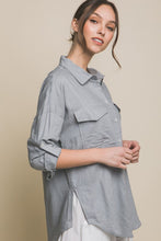 Grey Linen Oversized Double Pocket Button Down Shirt