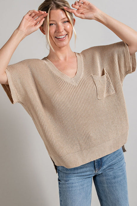 Oatmeal V-Neck Ribbed Short Sleeve Top