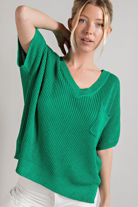 Sage V-Neck Ribbed Short Sleeve Top