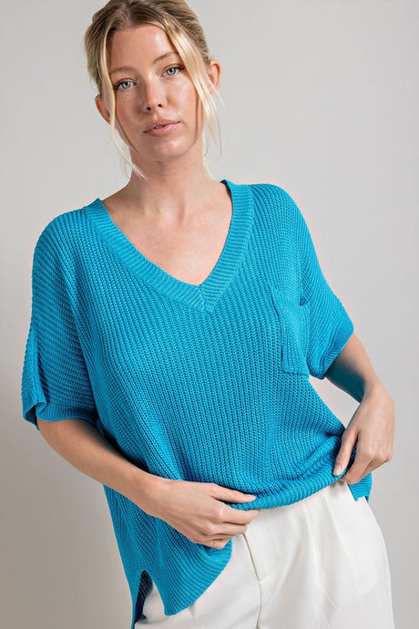 Blue V-Neck Ribbed Short Sleeve Top