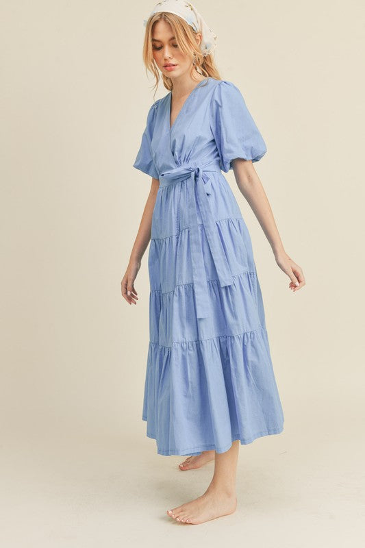 Blue Abstract Print Puff Sleeve Tiered Wrap Midi Dress