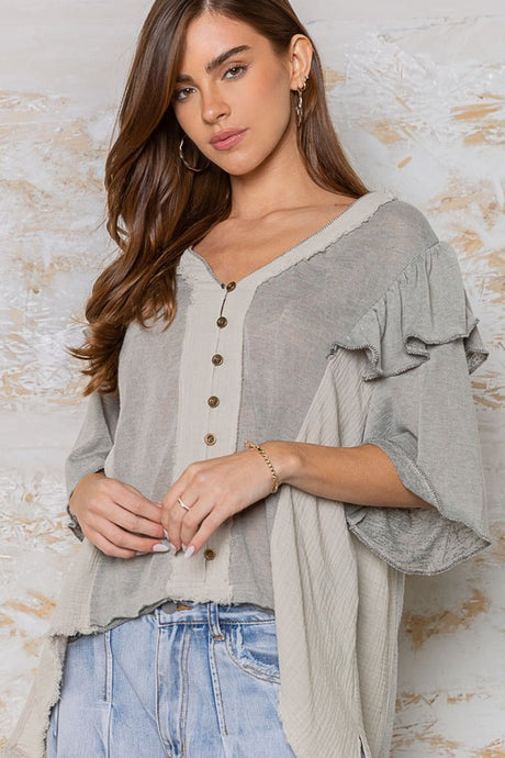 Taupe Grey V-Neck Button Down Knit Top