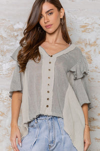 Taupe Grey V-Neck Button Down Knit Top