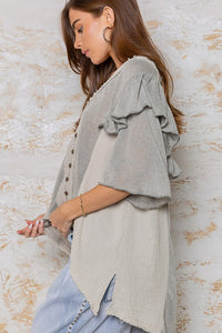 Taupe Grey V-Neck Button Down Knit Top