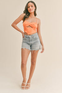 Orange Front Twist Spaghetti Strap Top With Smocking