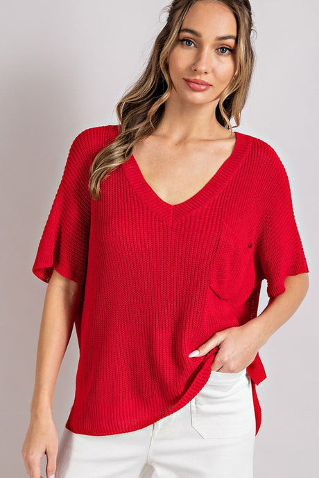 Currant V-Neck Ribbed Short Sleeve Top