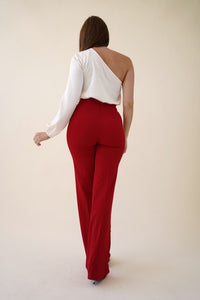 Red High Waisted Pintuck Dress Pants