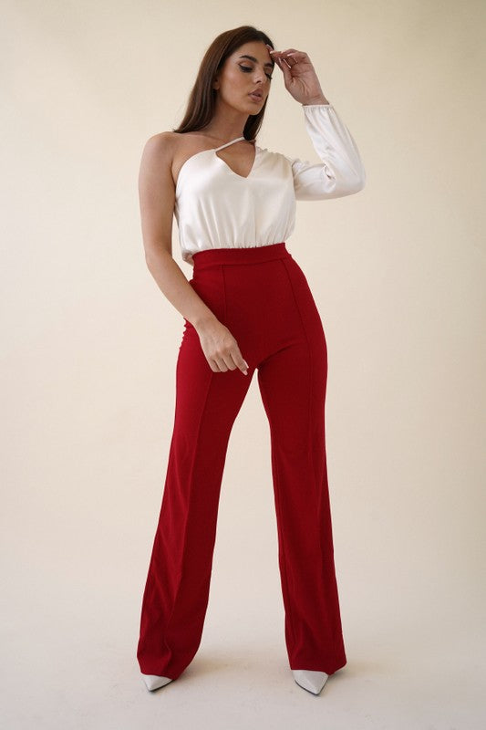 Red High Waisted Pintuck Dress Pants