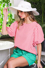 Red Puff Sleeve Gingham Print Seersucker Woven Top