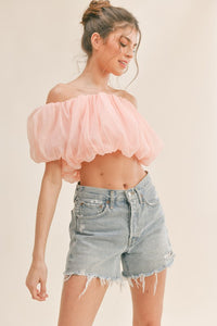 Peach Off Shoulder Balloon Sleeve Crop