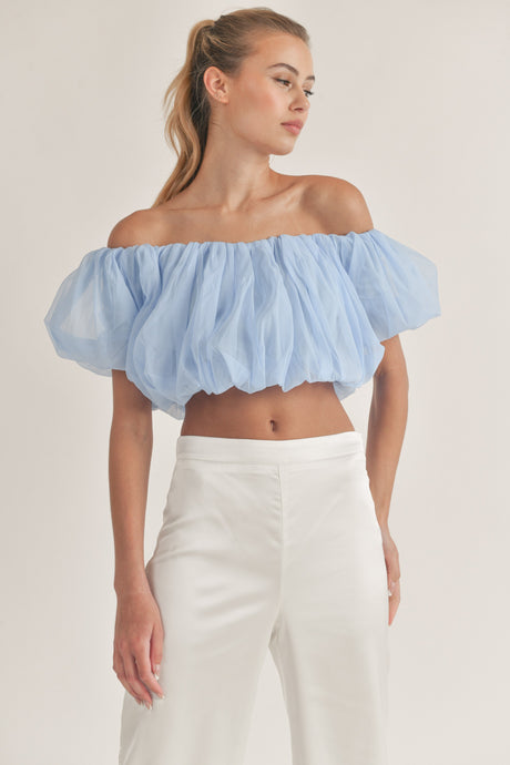 Blue Off Shoulder Balloon Sleeve Crop