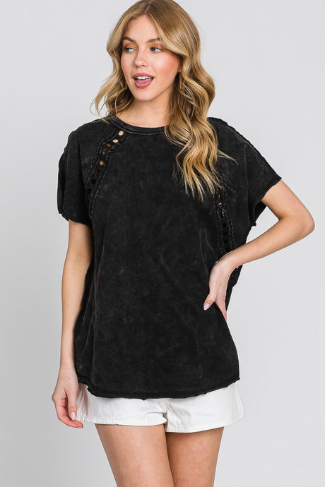 Black Mineral Wash Trim Short Sleeve Shirt