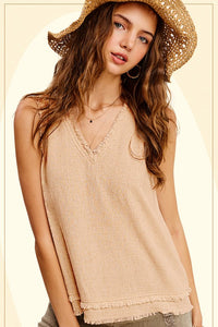 Khaki Soft Washed Cut Edge V-Neck Sleeveless Top