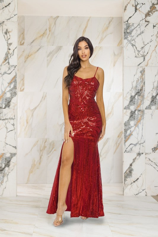 Dark Red Sleeveless Maxi Dress Featuring Right Leg Slit
