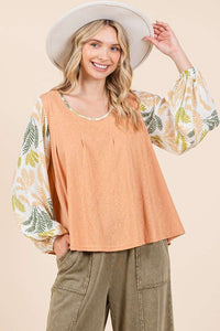 Ginger Combo Tropical Leaf Print Contrast Long Sleeve Top