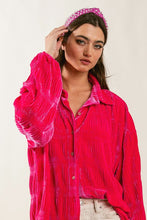 Fuchsia Wrinkle Effect Tiered Shirring Velvet Shirt