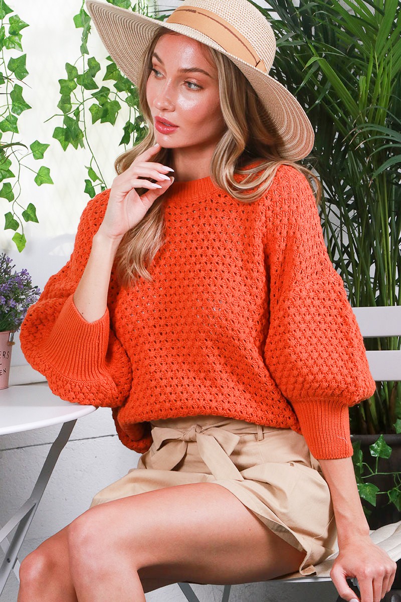 Pumpkin Round Neck 3/4 Sleeve Knitted Crochet Top