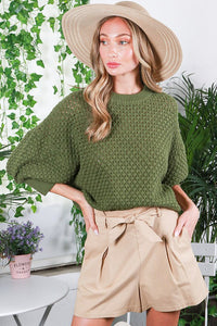 Olive Round Neck 3/4 Sleeve Knitted Crochet Top