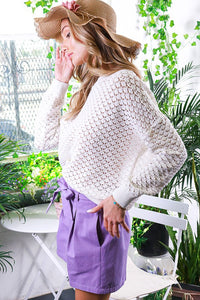 Cream Round Neck Long Sleeve Crochet Sweater Top