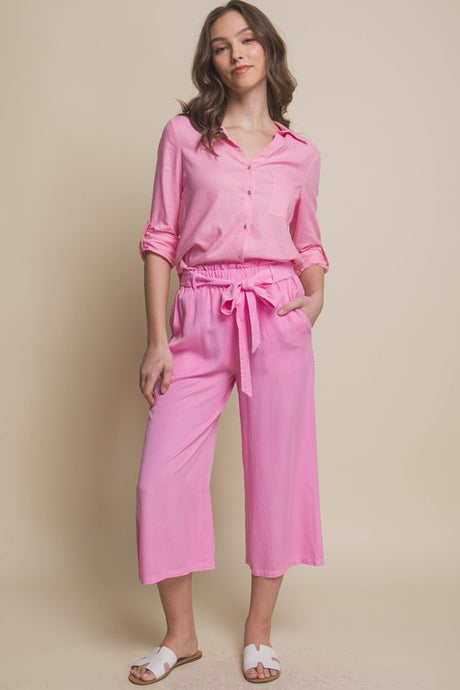 Pink High Rise Tie Waist Tencel Paperbag Pants