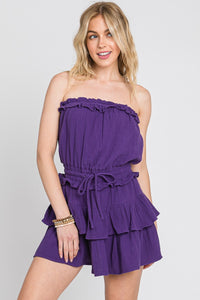 Purple Gauze Strapless Ruffle Detail Flounce Romper Dress