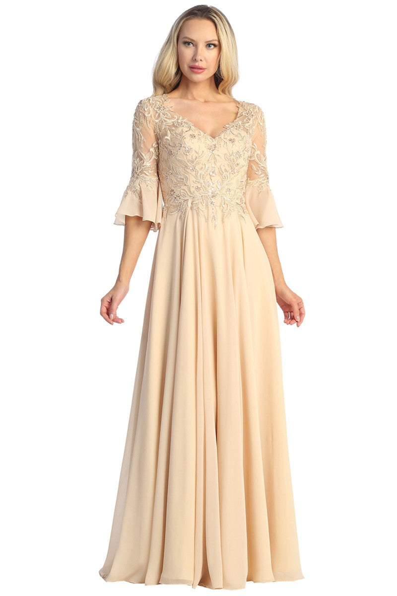 Champagne Sleeved V Neck Lace Top A Line Dress