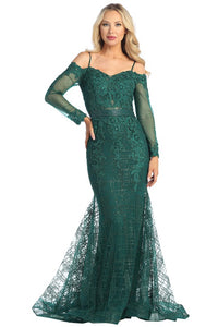 Green Long Sleeve Embroidery Glitter Trumpet Dress