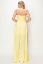 Yellow Satin V Neck Cascading Ruffle Maxi Dress