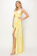 Yellow Satin V Neck Cascading Ruffle Maxi Dress