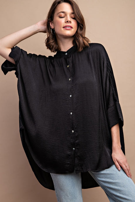 Black Washed Satin Button Down Loose Fit Top