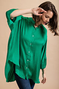 Emerald Washed Satin Button Down Loose Fit Top