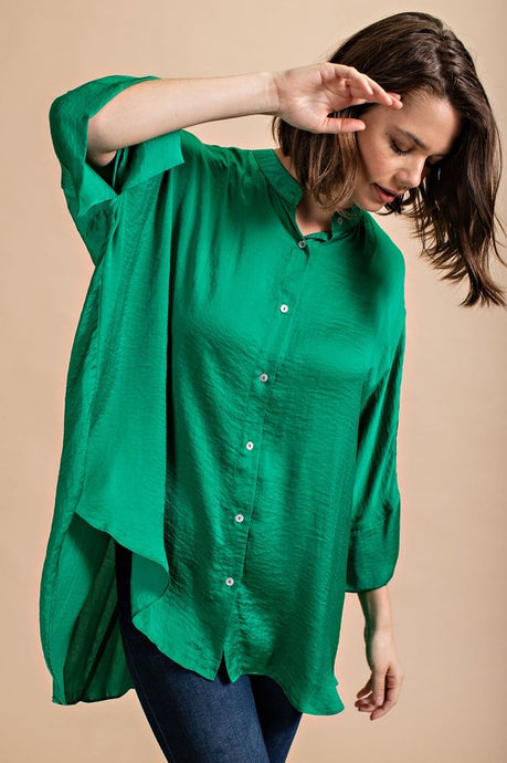 Emerald Washed Satin Button Down Loose Fit Top