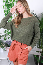 Olive Round Neck Long Sleeve Crochet Sweater Top