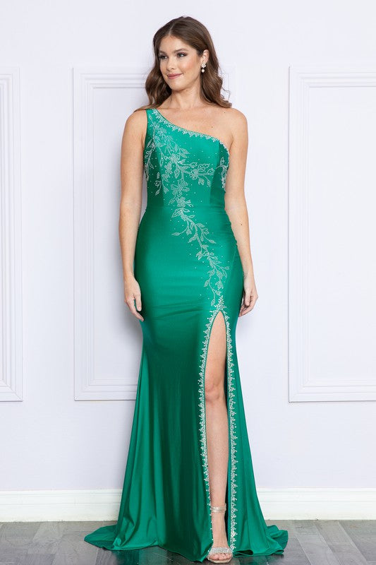 Emerald Rhinestone Single Shoulder Slit Front Long Dress