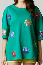 Kelly Green Allover Sequin Flower Patch Tee