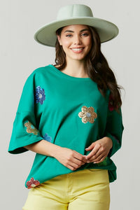 Kelly Green Allover Sequin Flower Patch Tee