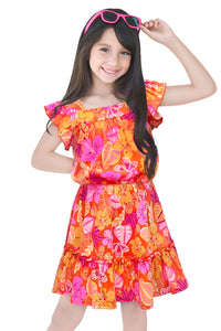 Coral Tropical Girl's 2 pc Skirt Set W/ Ruffle Sleeve & Square Neck