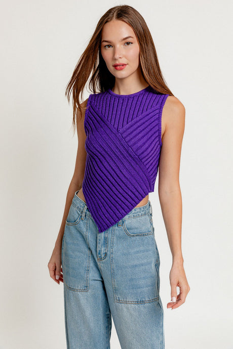 Purple Scarf Hem Sleeveless Sweater Top