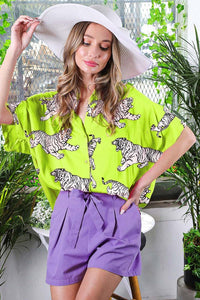 Neon Yellow Tiger Printed Satin Shirt Top