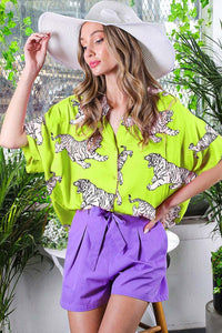 Neon Yellow Tiger Printed Satin Shirt Top