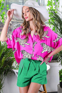 Fuchsia Tiger Printed Satin Shirt Top