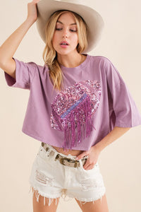 Cream Embellished Sequin Football Fringe Crop T Shirt S / Kelly Green