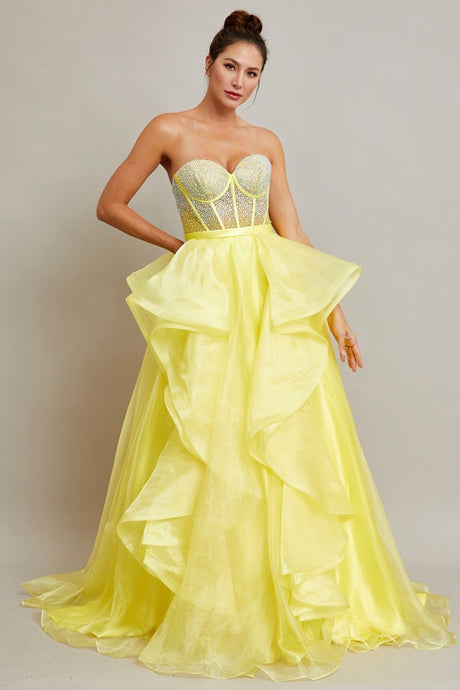 Yellow Strapless Sweetheart Boned Top A Line Dress