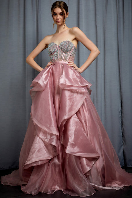 Dusty Rose Strapless Sweetheart Boned Top A Line Dress