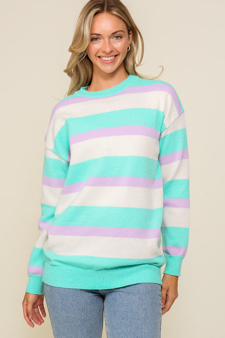 Lavender Combo Long Sleeve Round Neck Striped Over Sized Sweater