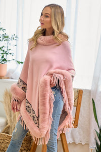 Pink Faux Fur Poncho Cape Coat Cloak Wrap