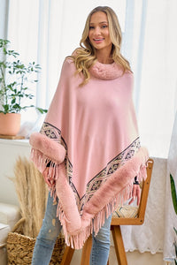 Pink Faux Fur Poncho Cape Coat Cloak Wrap