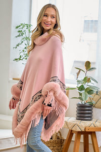 Pink Faux Fur Poncho Cape Coat Cloak Wrap